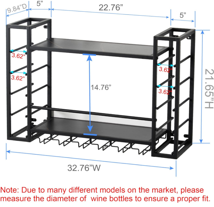 Wall Mounted Wine Rack with Glass Holder, Metal Bottle Holder Wine Storage Display Rack for Home Bar Dining Room Kitchen (31.5 Inch, Black)