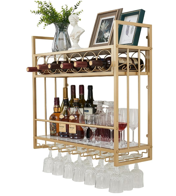Wall Mounted Wine Rack with Glass Holder Storage, Metal Floating Bar Liquor Shelves, Wine Bottle Display Rack, Gold