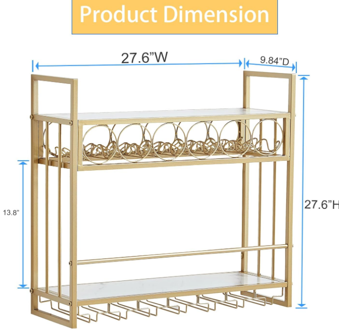 Wall Mounted Wine Rack with Glass Holder Storage, Metal Floating Bar Liquor Shelves, Wine Bottle Display Rack, Gold