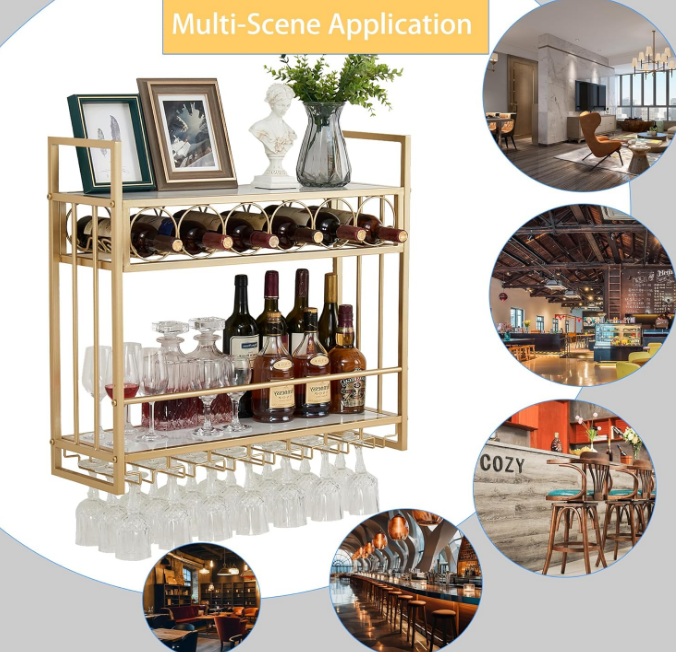 Wall Mounted Wine Rack with Glass Holder Storage, Metal Floating Bar Liquor Shelves, Wine Bottle Display Rack, Gold