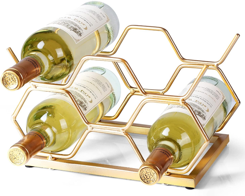 Countertop Wine Rack - 5 Bottle Freestanding Modern Gold Metal Small Wine Rack - Tabletop Wine Holder Stand for Cabinet, Pantry, Wine Bottle Storage