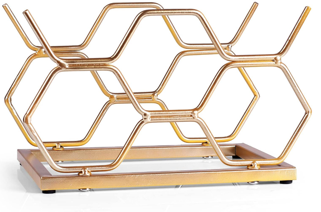 Countertop Wine Rack - 5 Bottle Freestanding Modern Gold Metal Small Wine Rack - Tabletop Wine Holder Stand for Cabinet, Pantry, Wine Bottle Storage