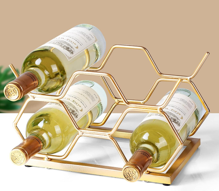 Countertop Wine Rack - 5 Bottle Freestanding Modern Gold Metal Small Wine Rack - Tabletop Wine Holder Stand for Cabinet, Pantry, Wine Bottle Storage