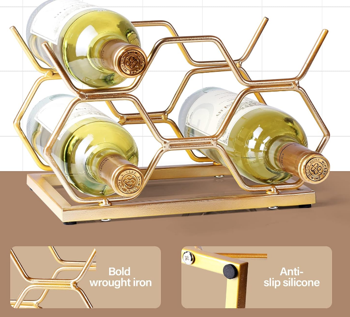 Countertop Wine Rack - 5 Bottle Freestanding Modern Gold Metal Small Wine Rack - Tabletop Wine Holder Stand for Cabinet, Pantry, Wine Bottle Storage
