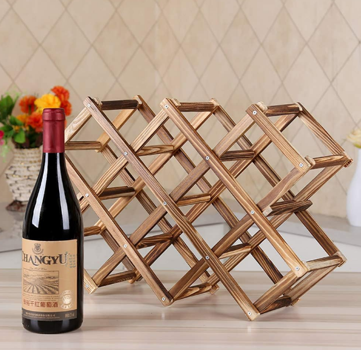 Wine Rack, Wood Wine Storage Racks Countertop, 10 Bottle Wooden Stackable Wine Cellar Racks, Foldable Tabletop Free Standing Wine Bottle Stand Holder Display Shelf for Home Kitchen Bar Cabinets