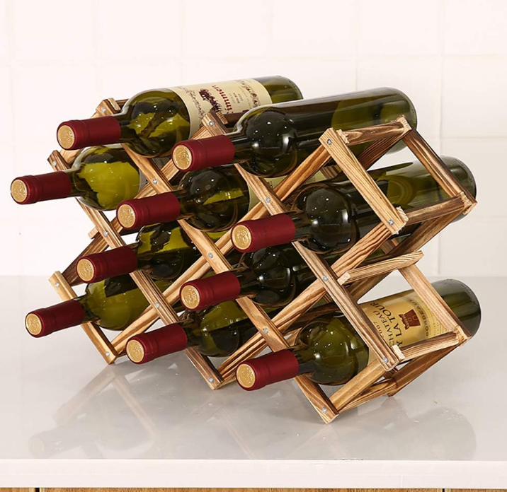 Wine Rack, Wood Wine Storage Racks Countertop, 10 Bottle Wooden Stackable Wine Cellar Racks, Foldable Tabletop Free Standing Wine Bottle Stand Holder Display Shelf for Home Kitchen Bar Cabinets