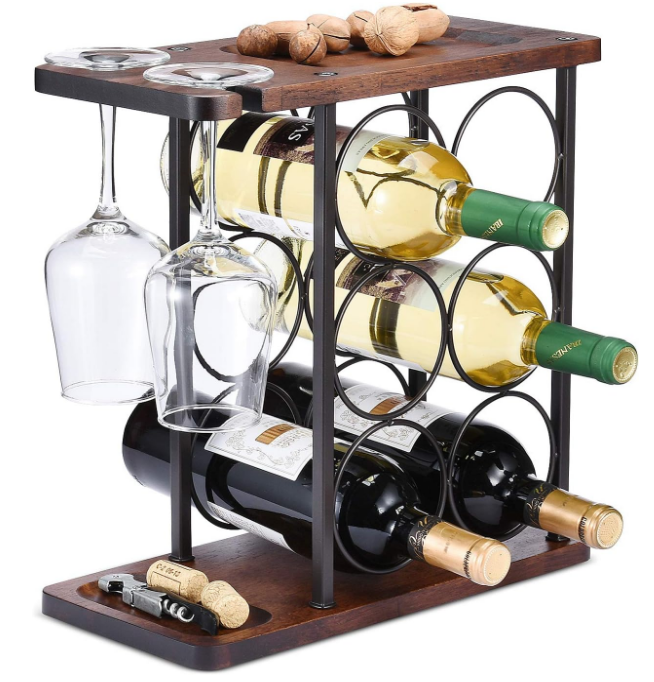 Wine Rack with Glass Holder, Countertop Wine Rack, Wooden Wine Holder with Tray, Perfect for Home Decor & Kitchen Storage Rack etc (Hold 6 Bottles and 2 Glasses)