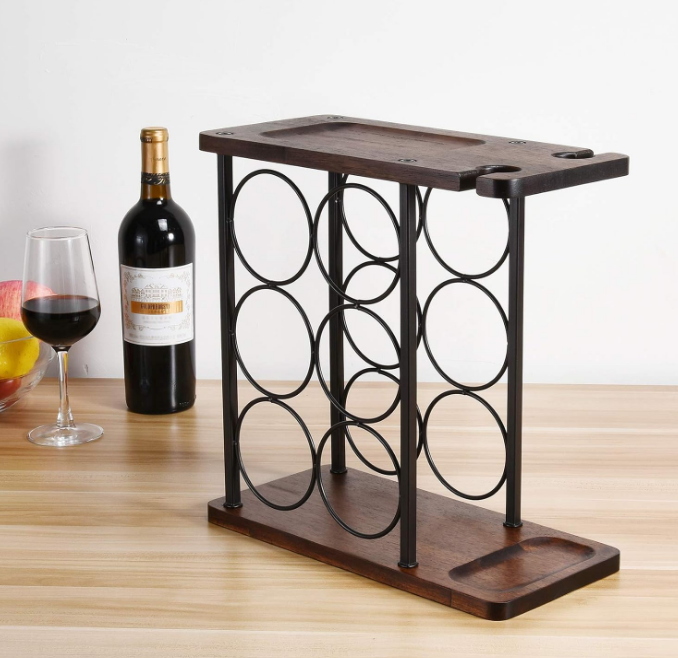 Wine Rack with Glass Holder, Countertop Wine Rack, Wooden Wine Holder with Tray, Perfect for Home Decor & Kitchen Storage Rack etc (Hold 6 Bottles and 2 Glasses)