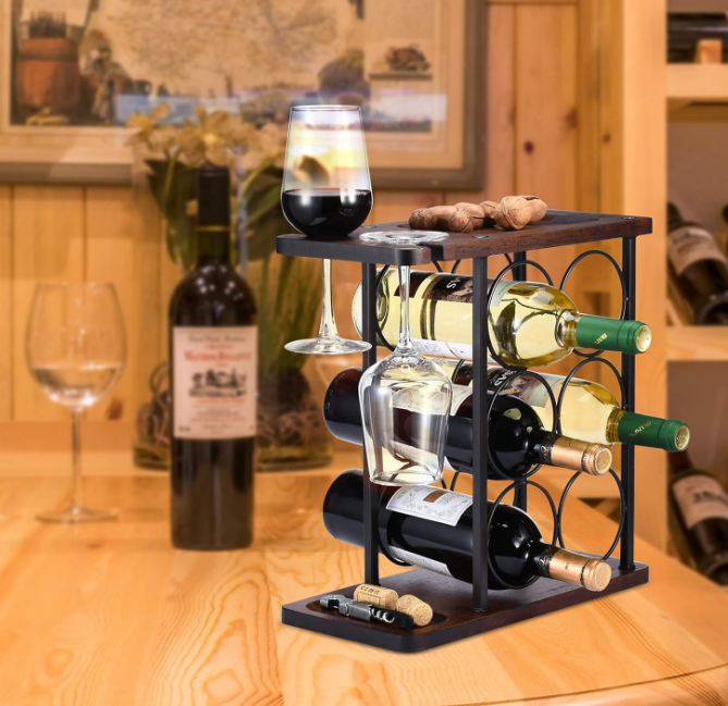 Wine Rack with Glass Holder, Countertop Wine Rack, Wooden Wine Holder with Tray, Perfect for Home Decor & Kitchen Storage Rack etc (Hold 6 Bottles and 2 Glasses)