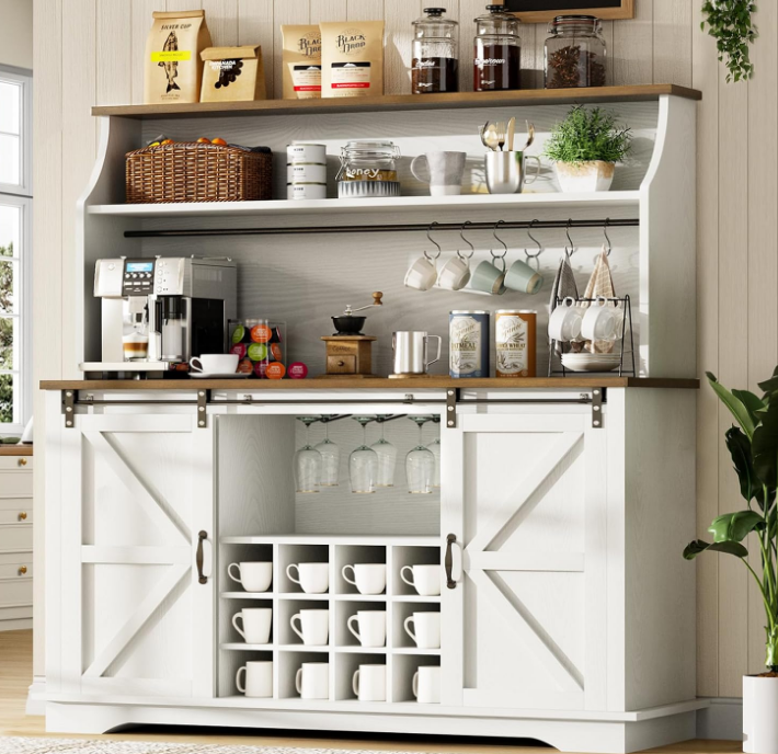 55" Farmhouse Coffee Bar with 3-Tier Storage, Kitchen Hutch Storage Cabinet with 6 Hooks, Wine Bar Cabinet with 12 Wine Racks & 3 Glass Holders, Hutch Cabinet with Storage for Dining Room, White