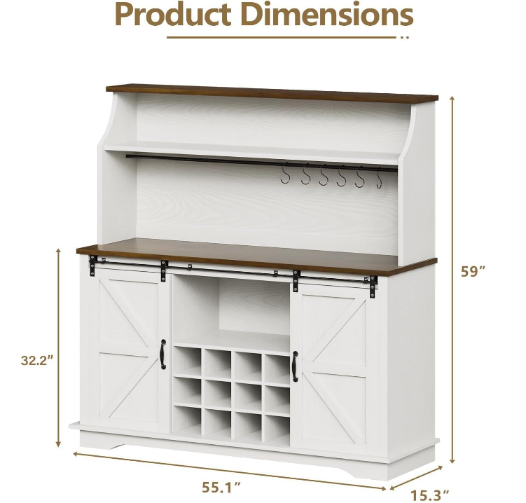 55" Farmhouse Coffee Bar with 3-Tier Storage, Kitchen Hutch Storage Cabinet with 6 Hooks, Wine Bar Cabinet with 12 Wine Racks & 3 Glass Holders, Hutch Cabinet with Storage for Dining Room, White