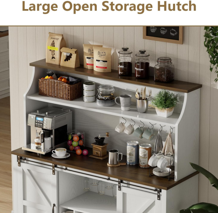 55" Farmhouse Coffee Bar with 3-Tier Storage, Kitchen Hutch Storage Cabinet with 6 Hooks, Wine Bar Cabinet with 12 Wine Racks & 3 Glass Holders, Hutch Cabinet with Storage for Dining Room, White