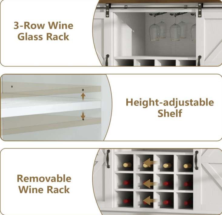 55" Farmhouse Coffee Bar with 3-Tier Storage, Kitchen Hutch Storage Cabinet with 6 Hooks, Wine Bar Cabinet with 12 Wine Racks & 3 Glass Holders, Hutch Cabinet with Storage for Dining Room, White