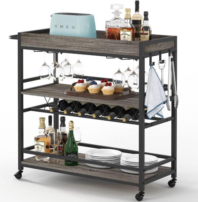 Bar Cart, Home Bar Serving Cart on Wheels, Mobile 3 Tier Liquor Beverage Cart with Wine Rack and Glass Holder, Grey Oak