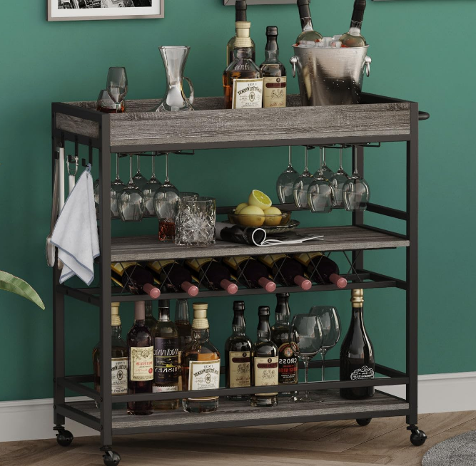 Bar Cart, Home Bar Serving Cart on Wheels, Mobile 3 Tier Liquor Beverage Cart with Wine Rack and Glass Holder, Grey Oak