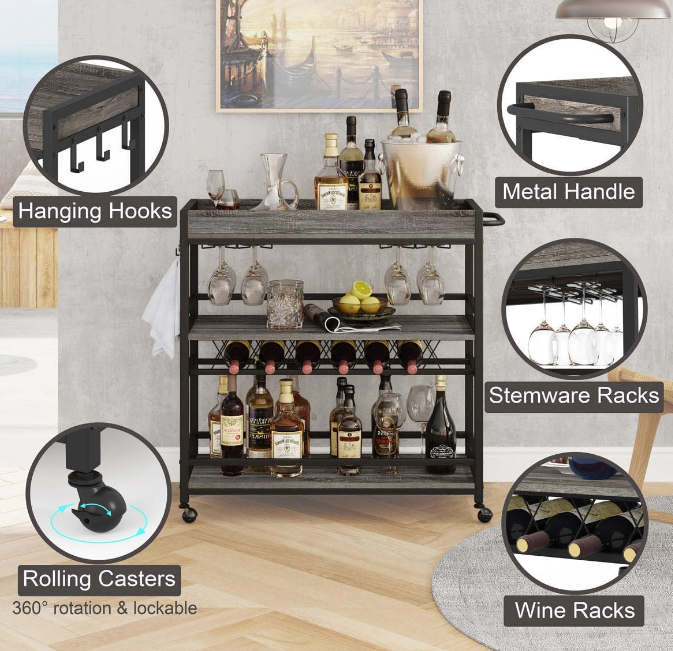 Bar Cart, Home Bar Serving Cart on Wheels, Mobile 3 Tier Liquor Beverage Cart with Wine Rack and Glass Holder, Grey Oak