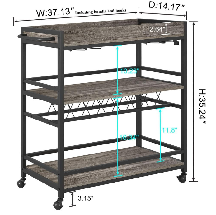 Bar Cart, Home Bar Serving Cart on Wheels, Mobile 3 Tier Liquor Beverage Cart with Wine Rack and Glass Holder, Grey Oak