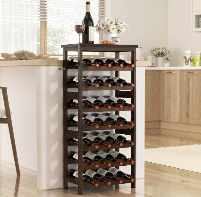 28-Bottle Wine Rack Free Standing Floor, Solid Wood 7-Tier Display Wine Storage Shelves with Tabletop, Wobble-Free Bottle Holder for Cellar Kitchen Bar Dining Room Living Room, Walnut
