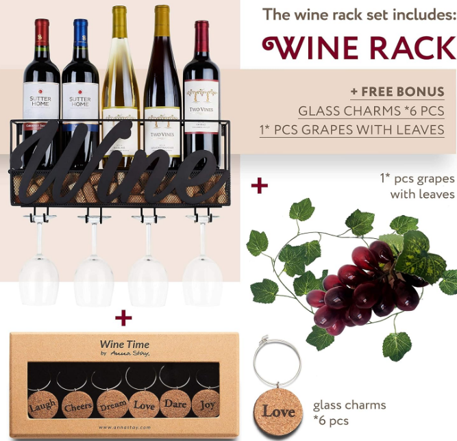 Wall Mounted Wine Rack - Bottle & Glass Holder - Cork Storage - Store Red, White, Champagne - Comes with 6 Cork Wine Charms - Home & Kitchen Décor - Designed by Anna Stay, Wine