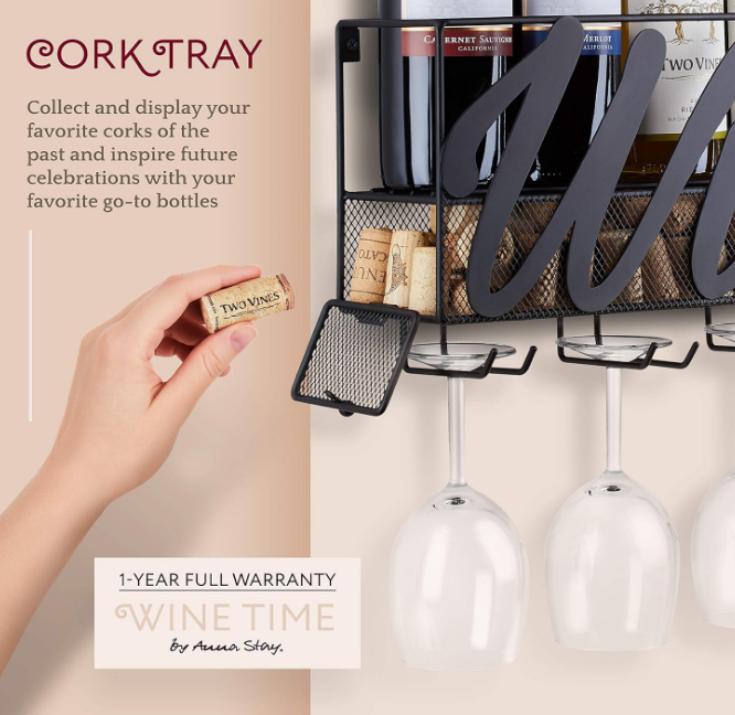 Wall Mounted Wine Rack - Bottle & Glass Holder - Cork Storage - Store Red, White, Champagne - Comes with 6 Cork Wine Charms - Home & Kitchen Décor - Designed by Anna Stay, Wine