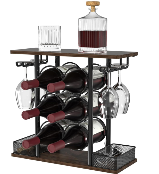 Wine Rack, Sturdy Wine Holder, 3 Tier Wood & Metal Wine Racks Counertop, Easy Assembly Wine Bottle Holder for 6 Bottles and 4 Glasses for Home, 6.29" D x 16.14" W x 15.82" H