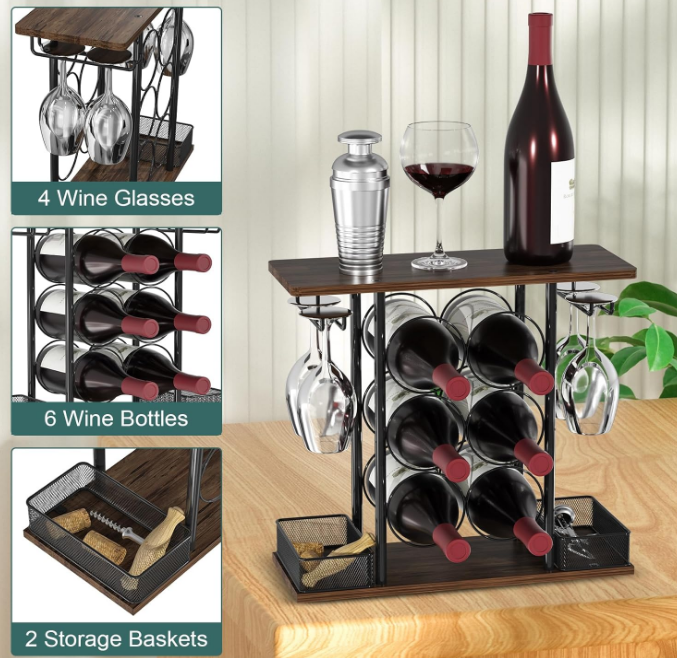 Wine Rack, Sturdy Wine Holder, 3 Tier Wood & Metal Wine Racks Counertop, Easy Assembly Wine Bottle Holder for 6 Bottles and 4 Glasses for Home, 6.29" D x 16.14" W x 15.82" H