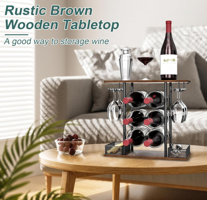 Wine Rack, Sturdy Wine Holder, 3 Tier Wood & Metal Wine Racks Counertop, Easy Assembly Wine Bottle Holder for 6 Bottles and 4 Glasses for Home, 6.29" D x 16.14" W x 15.82" H