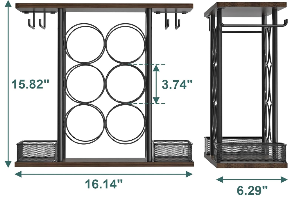 Wine Rack, Sturdy Wine Holder, 3 Tier Wood & Metal Wine Racks Counertop, Easy Assembly Wine Bottle Holder for 6 Bottles and 4 Glasses for Home, 6.29" D x 16.14" W x 15.82" H