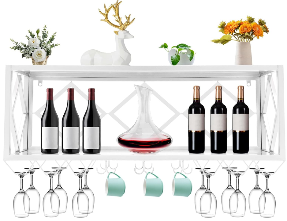 Wall Mounted Wine Rack Bottle & Glass Holder Multifunctional Iron Wine Bottle Glass Floating Shelves with Partitions Plants Photos Wine Goblet Display Storage Holder for Kitchen Dining Bar