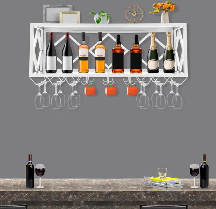 Wall Mounted Wine Rack Bottle & Glass Holder Multifunctional Iron Wine Bottle Glass Floating Shelves with Partitions Plants Photos Wine Goblet Display Storage Holder for Kitchen Dining Bar