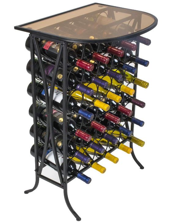 Wine Rack Stand Bordeaux Chateau Style with Glass Table - Holds Bottles of Wine - Elegant French Style Wine Rack to Compliment Any Space - Minimal Assembly (Wine Stand - 30 Bottles)