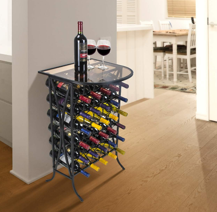 Wine Rack Stand Bordeaux Chateau Style with Glass Table - Holds Bottles of Wine - Elegant French Style Wine Rack to Compliment Any Space - Minimal Assembly (Wine Stand - 30 Bottles)