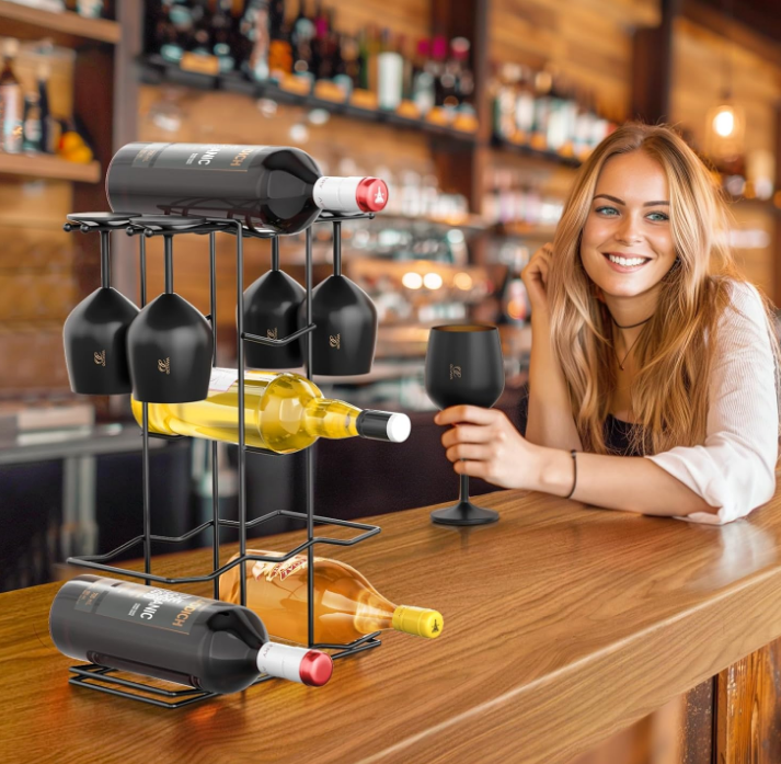 Wine Racks Countertop, Metal wine holder small countertop wine bottle racks stand, countertop wine rack, wine bottle rack, wine holder countertop for 7-9 Bottles & 4 Glasses - No Need Assembly