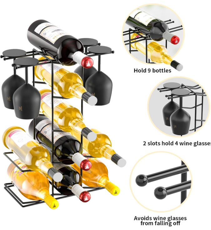 Wine Racks Countertop, Metal wine holder small countertop wine bottle racks stand, countertop wine rack, wine bottle rack, wine holder countertop for 7-9 Bottles & 4 Glasses - No Need Assembly