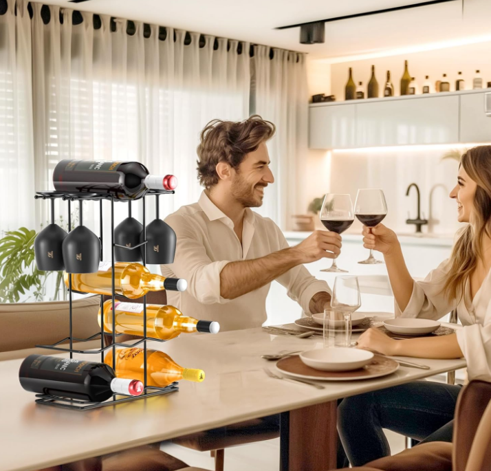 Wine Racks Countertop, Metal wine holder small countertop wine bottle racks stand, countertop wine rack, wine bottle rack, wine holder countertop for 7-9 Bottles & 4 Glasses - No Need Assembly