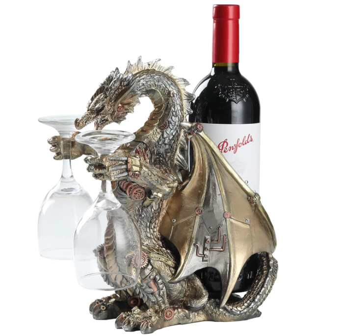 Steampunk Dragon Wine Bottle Wine Holder Statue with Two Wine Glasses Holder Wine Rack Gothic Decor Metallic Look for Home Man Cave Decor Gifts for Men 11.6''High