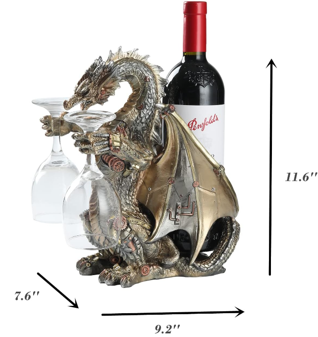 Steampunk Dragon Wine Bottle Wine Holder Statue with Two Wine Glasses Holder Wine Rack Gothic Decor Metallic Look for Home Man Cave Decor Gifts for Men 11.6''High