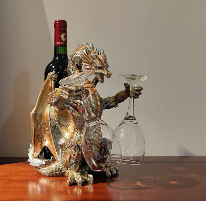 Steampunk Dragon Wine Bottle Wine Holder Statue with Two Wine Glasses Holder Wine Rack Gothic Decor Metallic Look for Home Man Cave Decor Gifts for Men 11.6''High