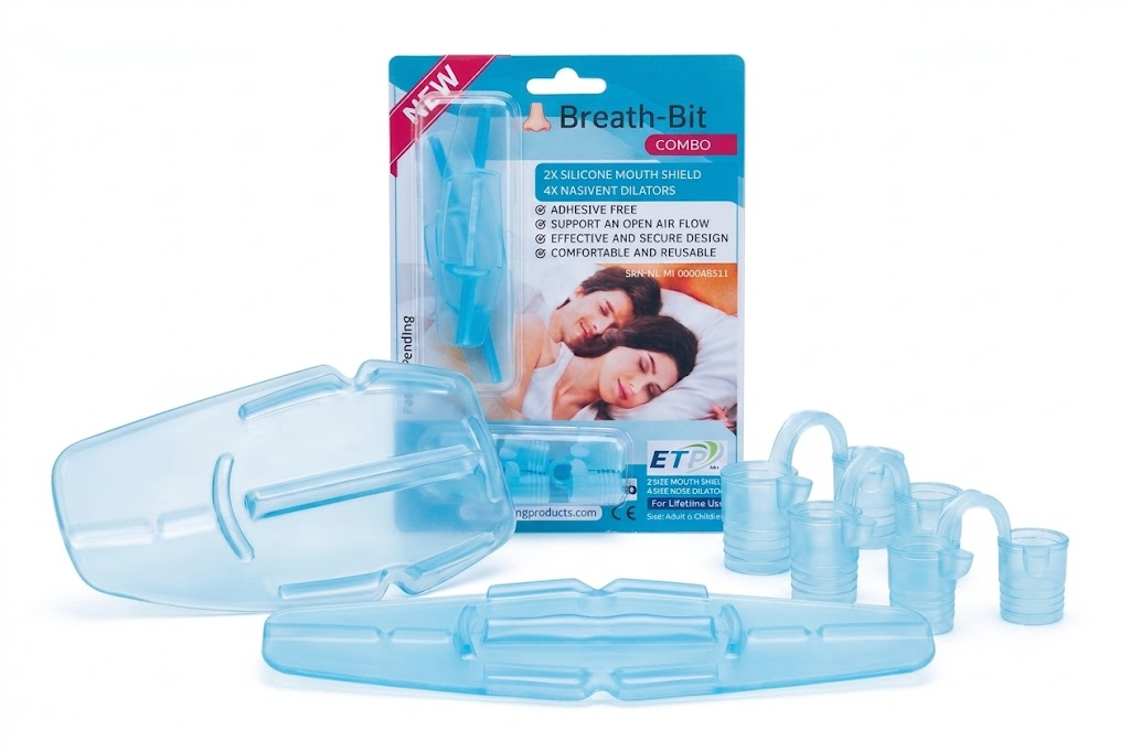 Mond tape alternatief zonder kleefstof. De BreathBit Combo. Tegen mondademen en Snurken. Kleur Blauw.  