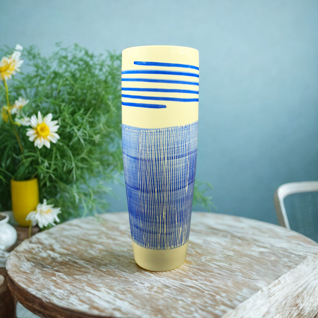 VASO GRID CERAMICA AZUL E BRANCO 