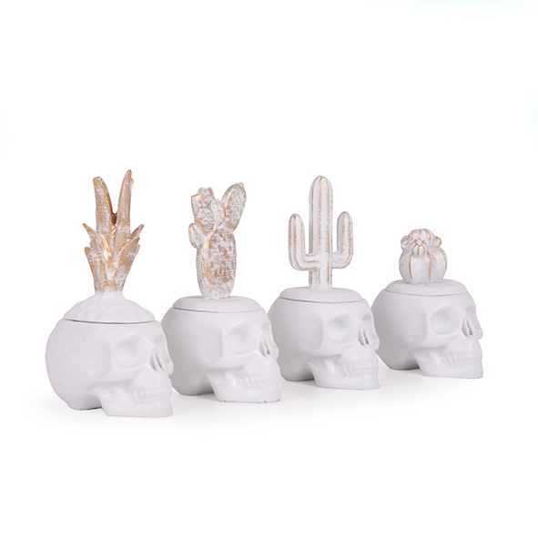 POTE CAVEIRA ABACAXI/CACTUS RESINA BRANCA/DOURADO MODALI DESIGN JOGO 4 PEÇAS