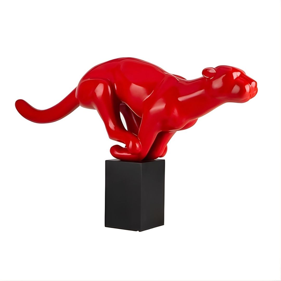 ESCULTURA PANTERA SPEED RESINA VERMELHA C/PEDESTAL MADEIRA MODALI DESIGN
