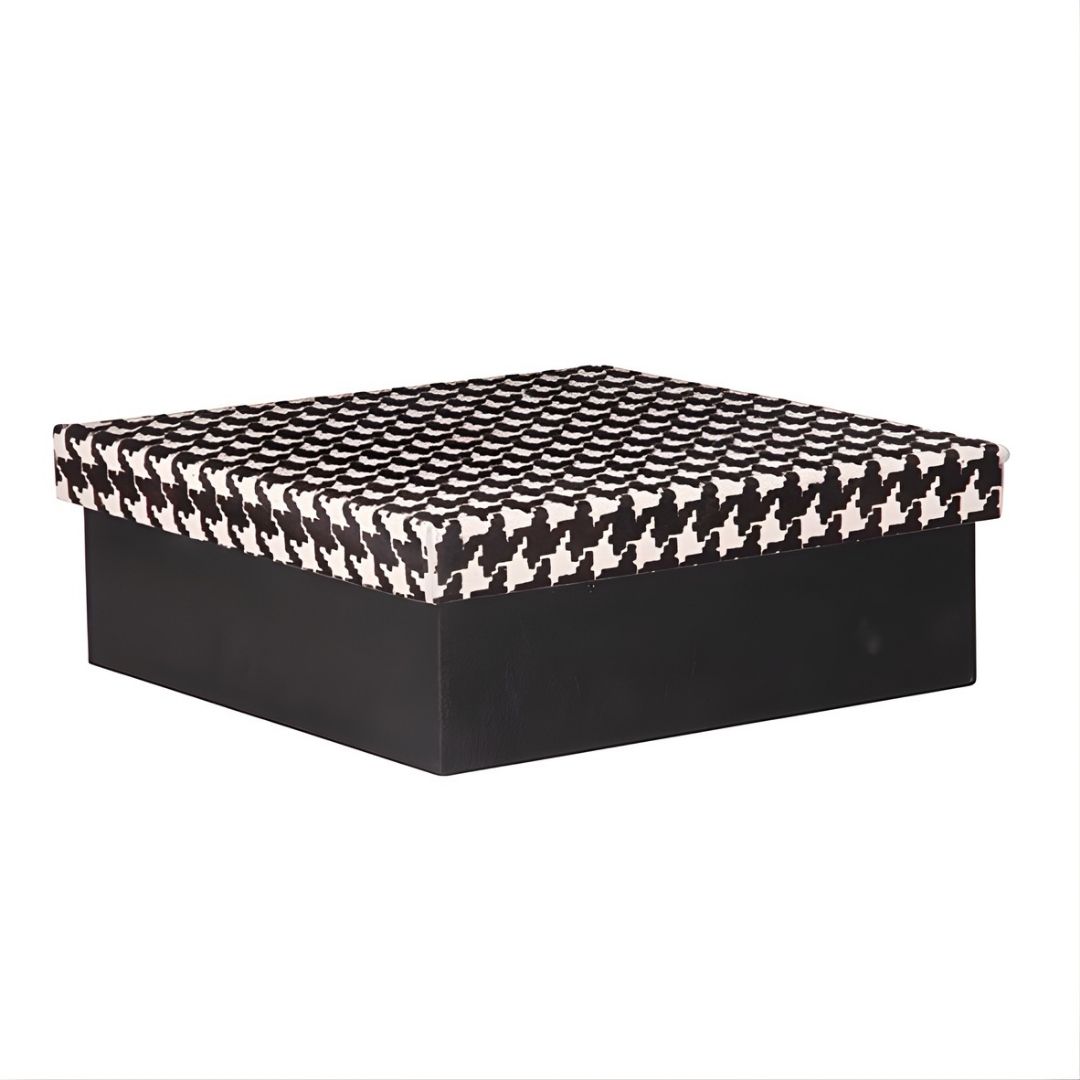 CAIXA QUADRADA DONNA II GRANDE MADEIRA COURO C/ TAMPA PRETO E BRANCA MODALI DESIGN