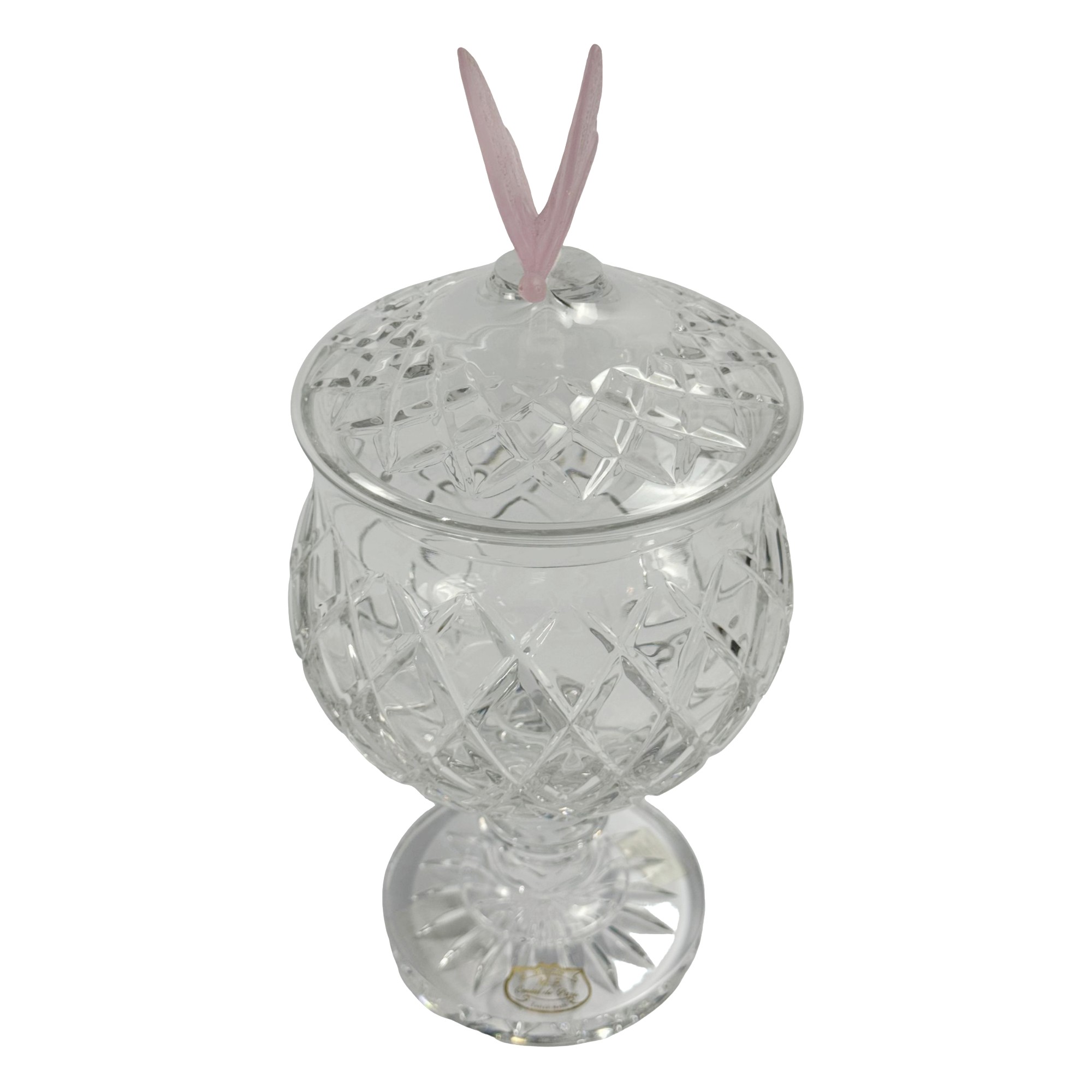 BOMBONIERE CRISTAL TRANSPARENTE C/ TAMPA BORBOLETA ROSA 