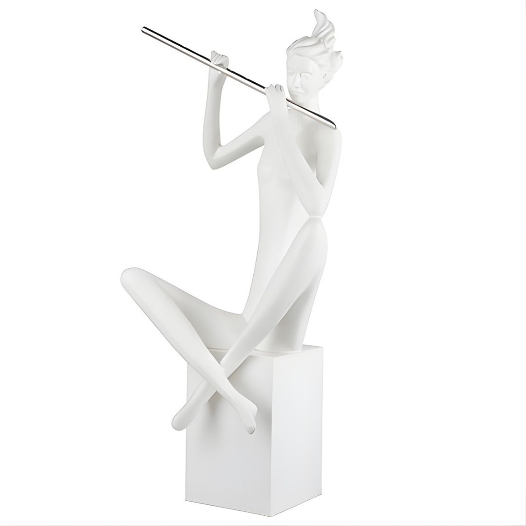 ESCULTURA FLAUTISTA SENTADA RESINA BRANCA MODALI DESIGN