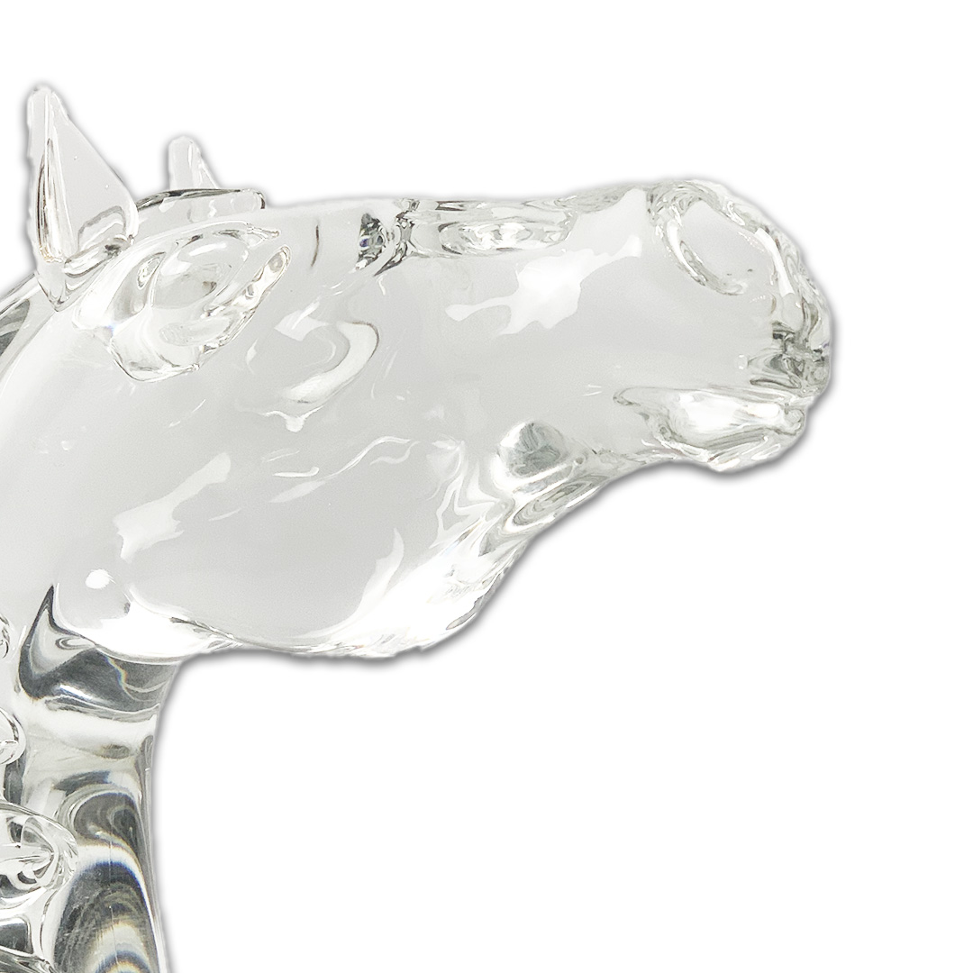 ESCULTURA CABECA DE CAVALO CRISTAL TRANSPARENTE BASE GRANITO HUTA SABINA