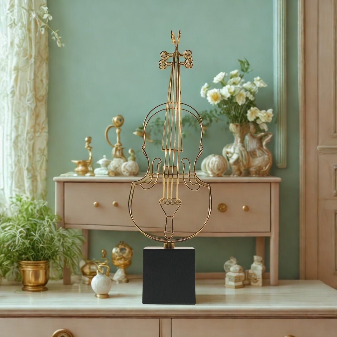 ESCULTURA VIOLINO NO PEDESTAL METAL DOURADO MODALI DESIGN