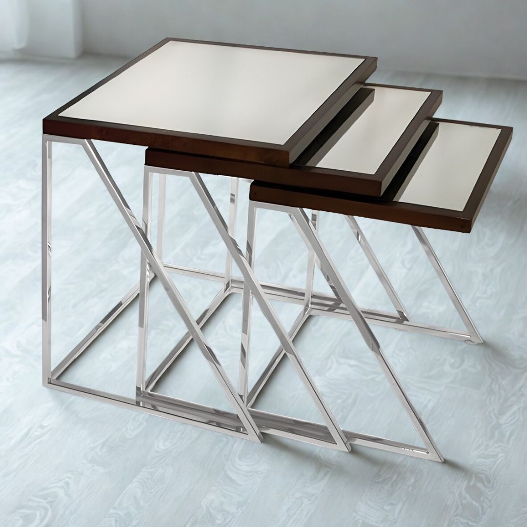 MESA LATERAL NINHO SOFIA METAL C/TAMPO ESPELHADO MODALI DESIGN JOGO 3 PEÇAS