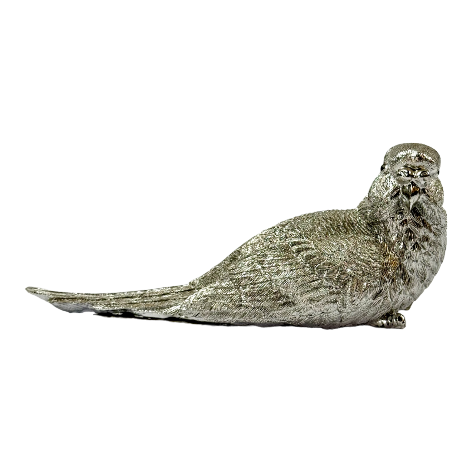 ESCULTURA PERIQUITO DEITADO RESINA PRATA COR MULDER