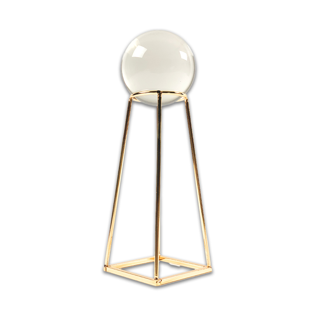 ESCULTURA BOLA VIDRO ELEVADA SUPORTE METAL COBRE MODALI DESIGN